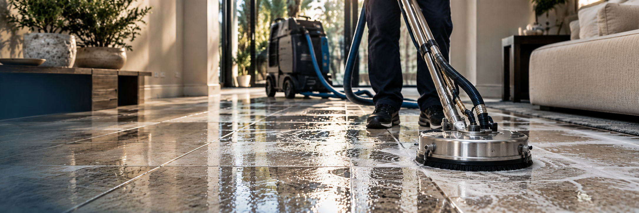 Zellar tile cleaning technician with professional equipment on marble floor